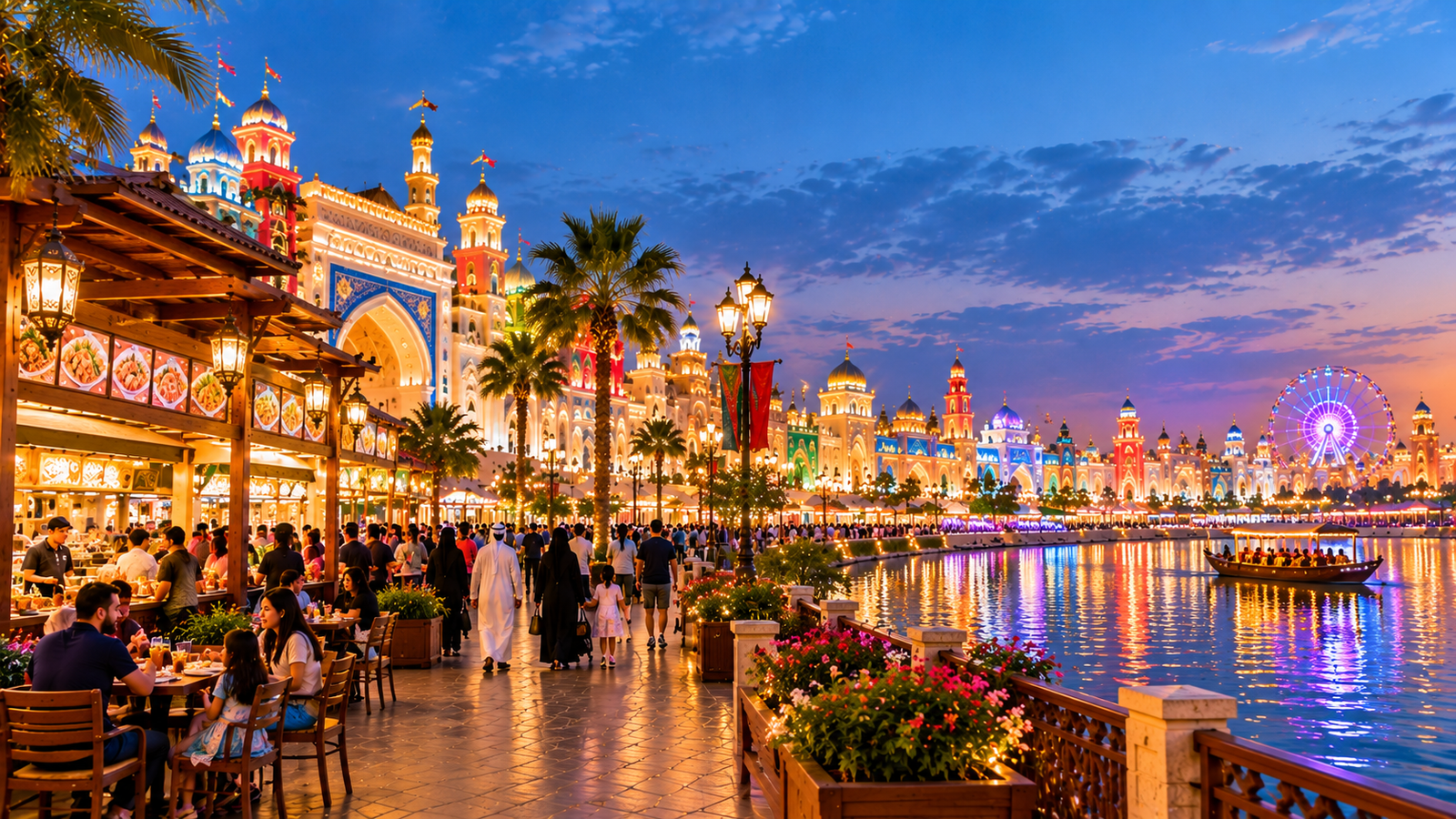Cultural pavilions at Global Village Dubai with traditional architecture and lights