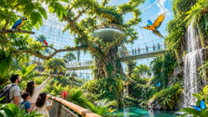 Family watching macaws fly inside an indoor rainforest bio-dome with waterfall and giant tree