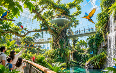 Family watching macaws fly inside an indoor rainforest bio-dome with waterfall and giant tree