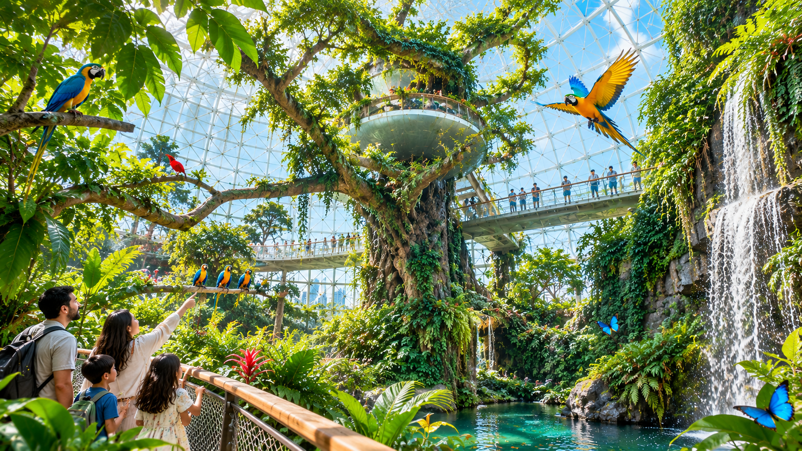 Family watching macaws fly inside an indoor rainforest bio-dome with waterfall and giant tree