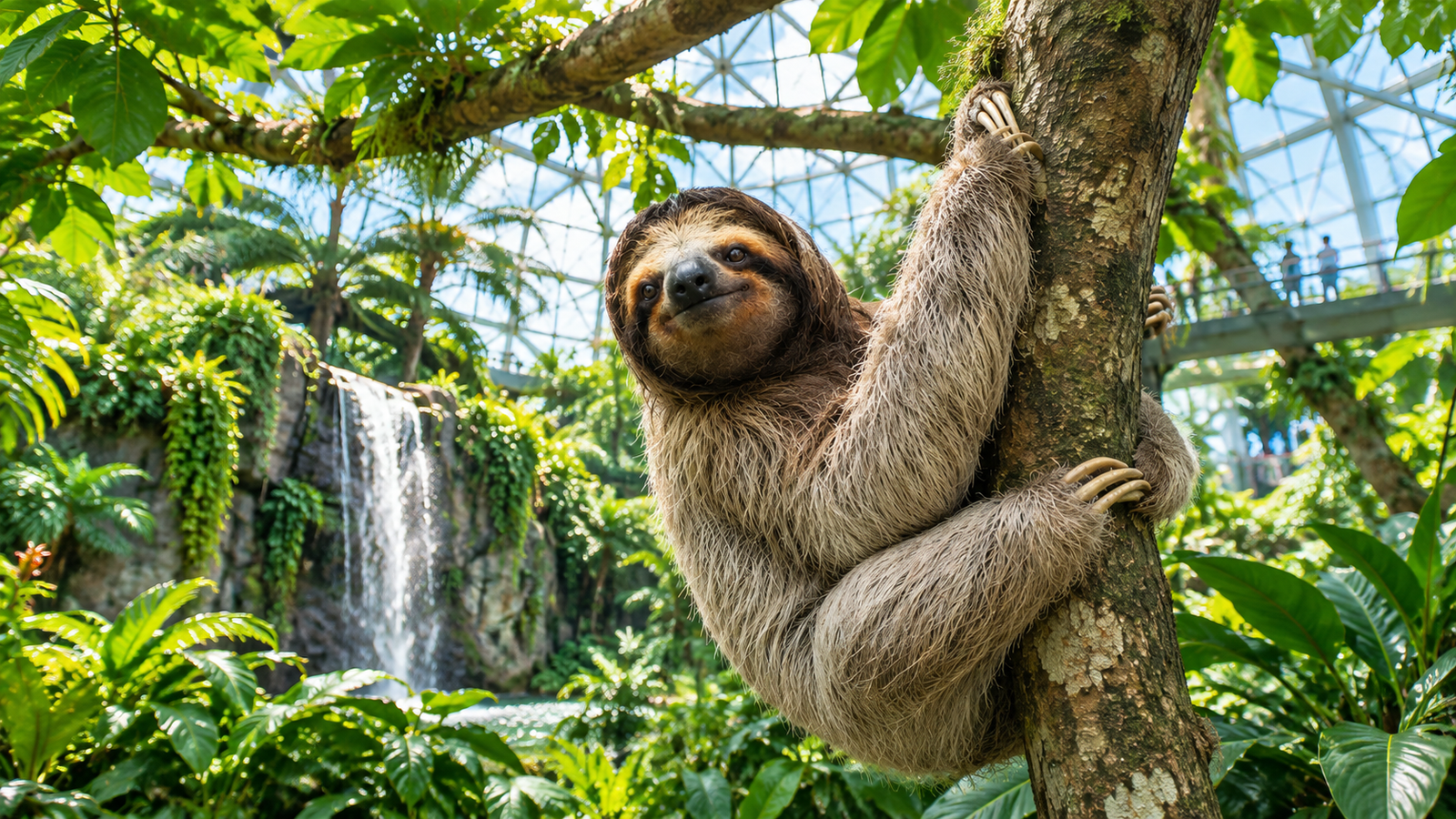 Sloth hanging on a branch in a rainforest habitat
