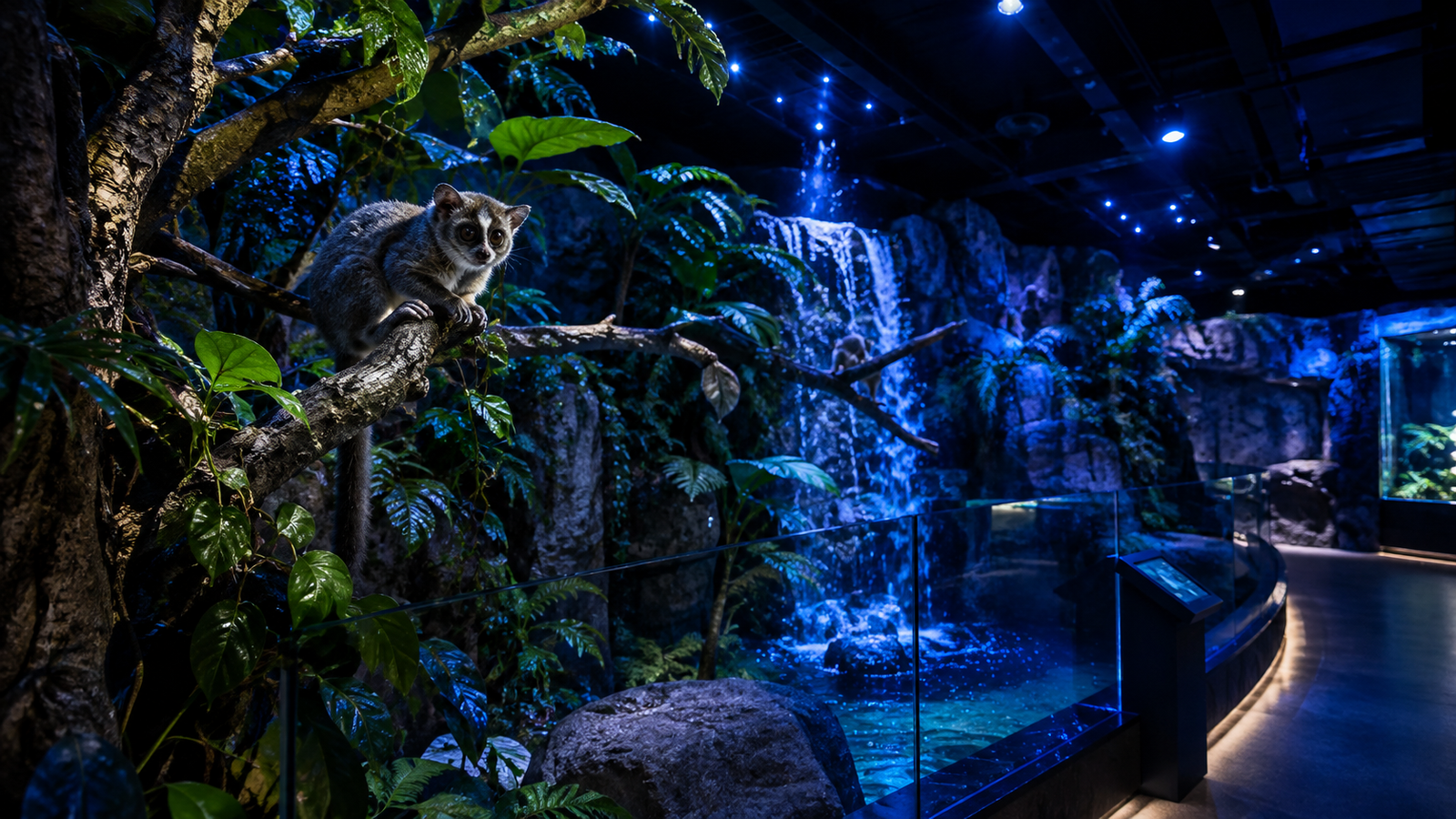 Low-lit nocturnal animal exhibit in an indoor rainforest basement