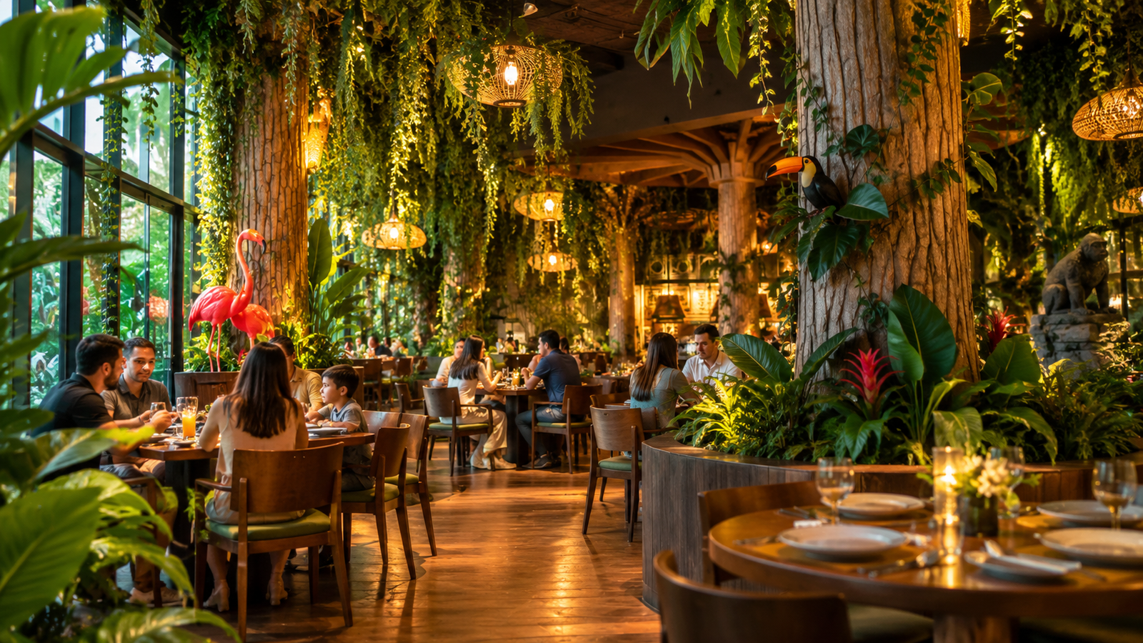 Jungle-themed restaurant interior with tropical plant decor