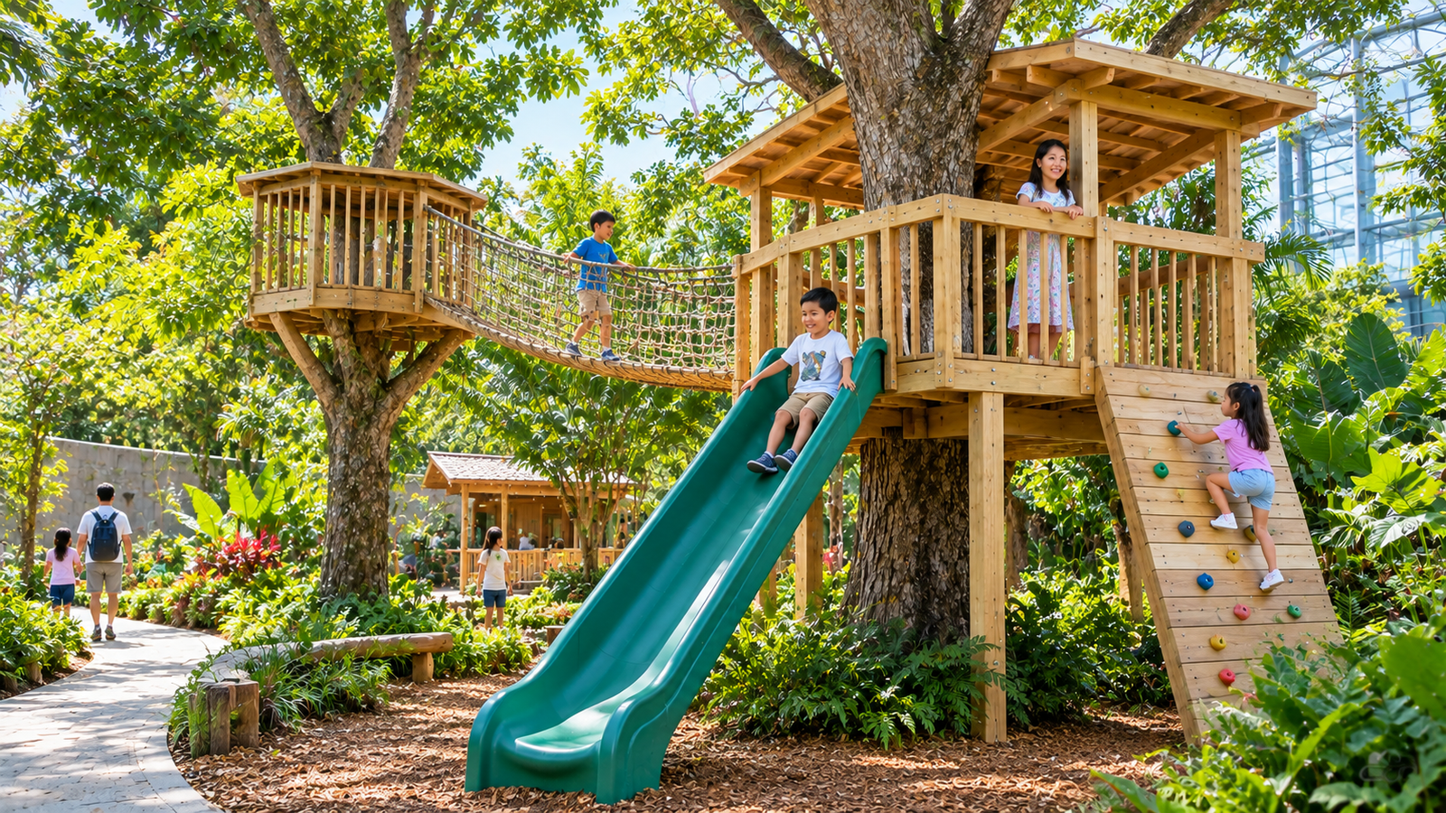 Outdoor treehouse play trail with children playing
