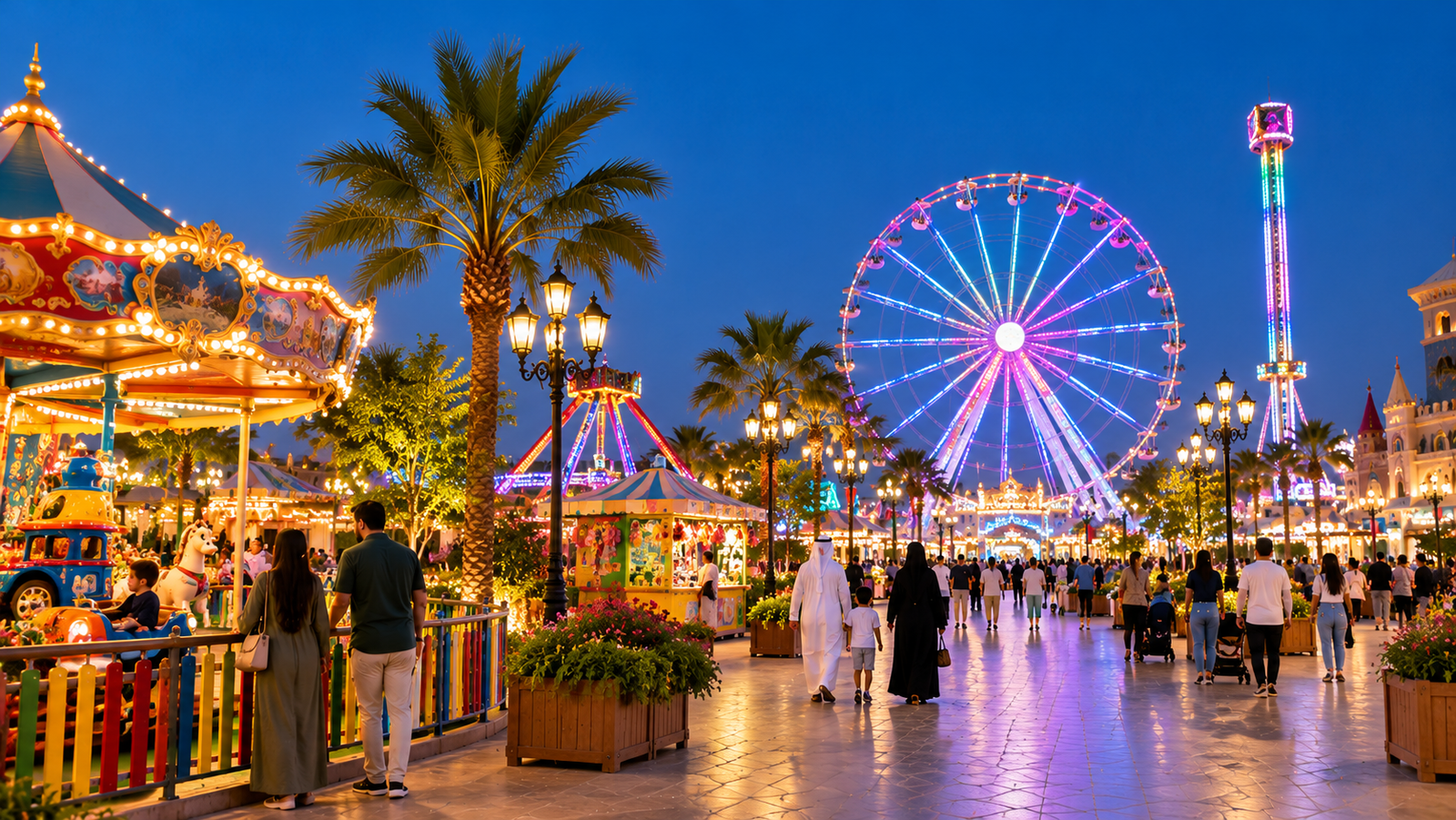 Families enjoying a double-decker carousel ride at Global Village Dubai