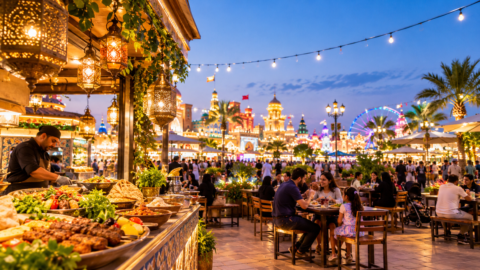 Outdoor food-stalls-and-waterfront-dining area-at global-village dubai