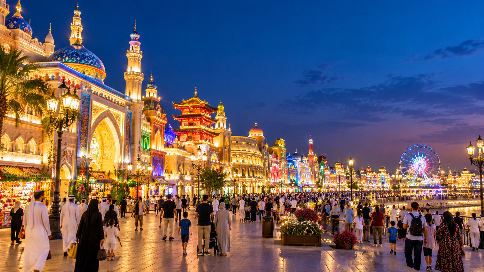 Global Village Dubai at night with illuminated cultural pavilions and visitors