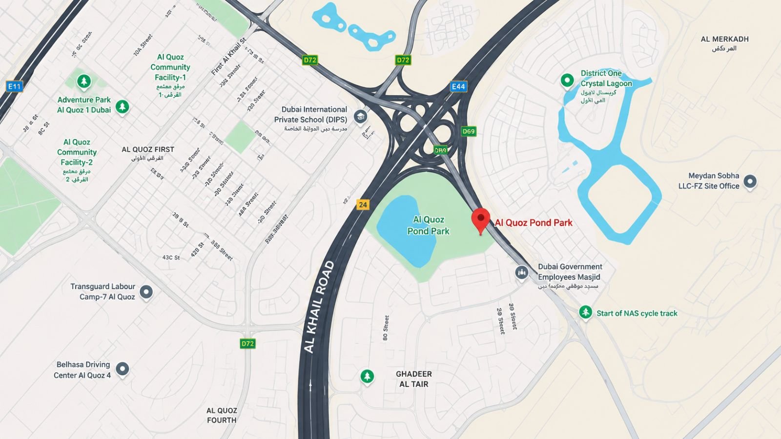 Map of Al Quoz Pond Park location Dubai